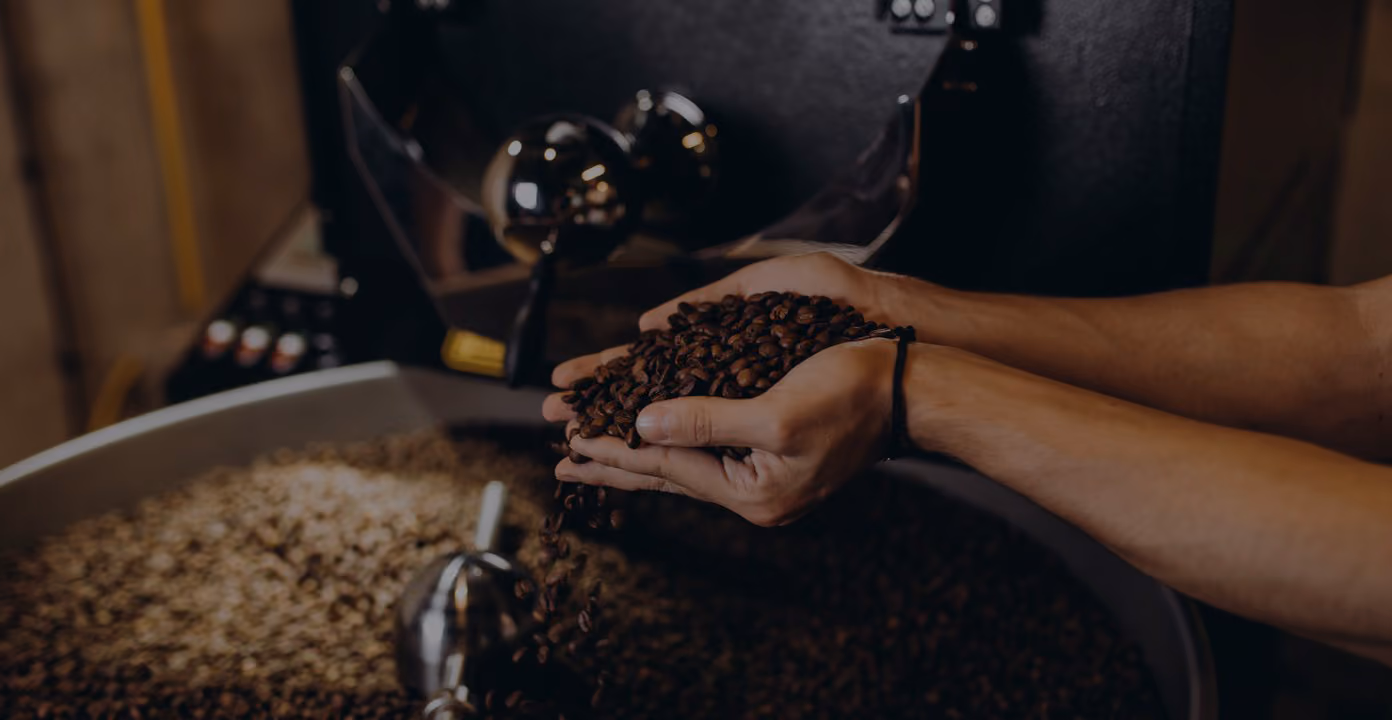 Freshly roasted coffee beans held in cupped hands above a roaster.